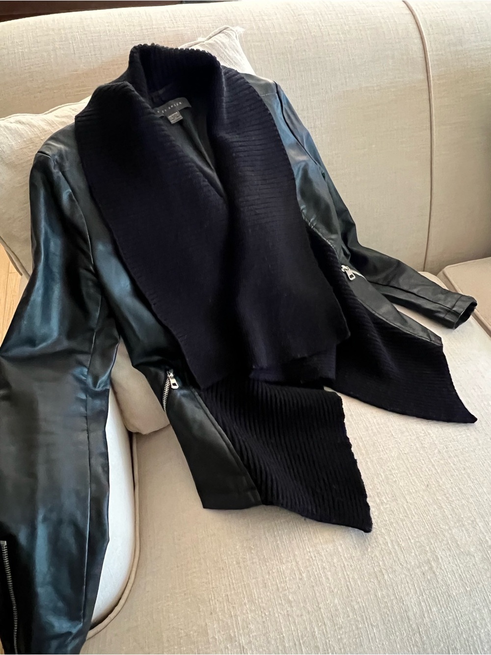 Suzy Shier Black Mixed-Media Leather and Knit Shawl Collar Jacket